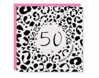 Leopard Print Age 50 Birthday Card - Finished with Crystals