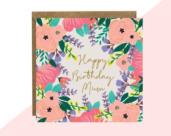Lottie Simpson &#39;Happy Birthday Mum&#39; Floral Mini Card - Mum Birthday Card - Finished with Finished with Hand Crafted Crystals