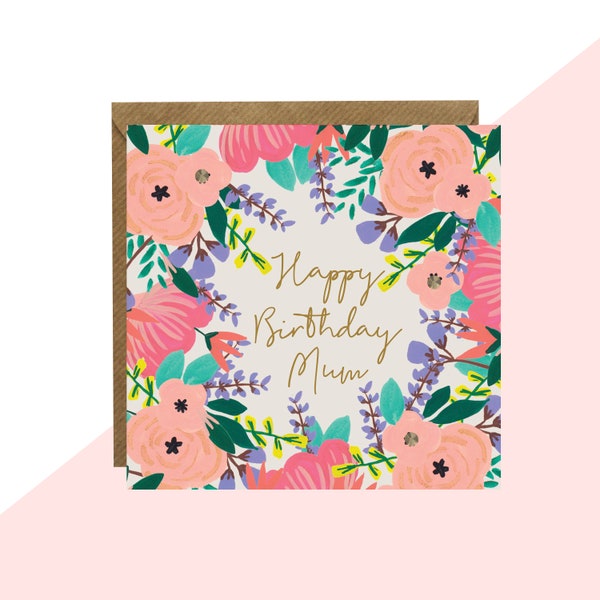 Lottie Simpson 'Happy Birthday Mum' Floral Mini Card - Mum Birthday Card - Finished with Finished with Hand Crafted Crystals