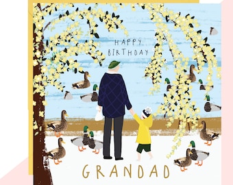 Feeding the Ducks &#39;Grandad&#39; Birthday Card - Grandad Birthday Card - Finished with Hand Crafted Crystals