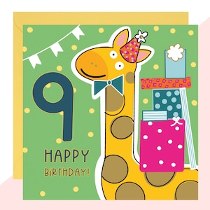 Tarjeta de cumpleaños de Jirafa 9 - Tarjeta de Noveno Cumpleaños - Tarjeta de Jirafa - Tarjeta de Cumpleaños para Niños - Acabado con cristales hechos a mano