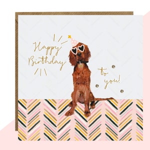 Irish Red Setter Birthday Card - Finished with Hand Crafted Crystals