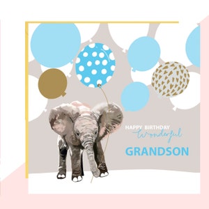 Grandson Elephant Birthday Card - Grandson First Birthday Card - Terminado con cristales hechos a mano