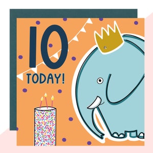 Tarjeta de cumpleaños número 10 del elefante - Tarjeta de décimo cumpleaños - Tarjeta de elefante - Tarjeta de cumpleaños para niños - Acabado con cristales hechos a mano