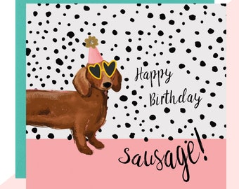 Tarjeta de cumpleaños de perro salchicha - Tarjeta de perro salchicha - Tarjeta de cumpleaños - Acabado a mano con cristales