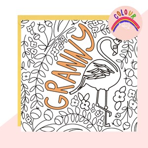 Couleur & Envoyer 'Grandma' Flamingo Card - Carte d’anniversaire grand-mère - Carte de fête des mères grand-mère - Carte à colorier