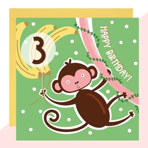 Carte de 3ème anniversaire de singe - Carte de troisième anniversaire - Carte d’anniversaire pour enfants - Fini avec des cristaux fabriqués à la main