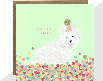 Westie 'Party Time!' Card - Finished with Hand Crafted Crystals