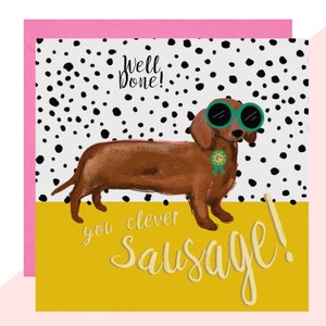 Clever Sausage Dog Card - Teckel Card - Goed gedaan Kaart - Gefeliciteerd - Met de hand afgewerkt met kristallen