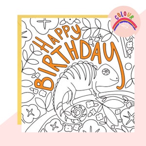 Colore + Invia carta camaleontico "Buon compleanno" - Biglietto da colorare - Biglietto di compleanno