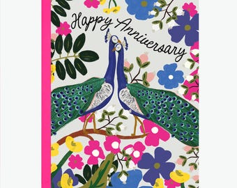 Tarjeta de aniversario de dos pavos reales