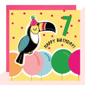 Toucan 7th Birthday Card - Seventh Birthday Card - Toucan Card - Carte d’anniversaire pour enfants - Fini avec des cristaux fabriqués à la main