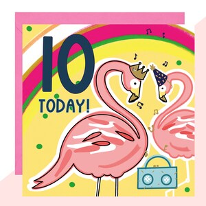 Flamingo 10. Geburtstagskarte - Zehnte Geburtstagskarte - Flamingo Karte - Kindergeburtstagskarte - Fertig mit handgefertigten Kristallen