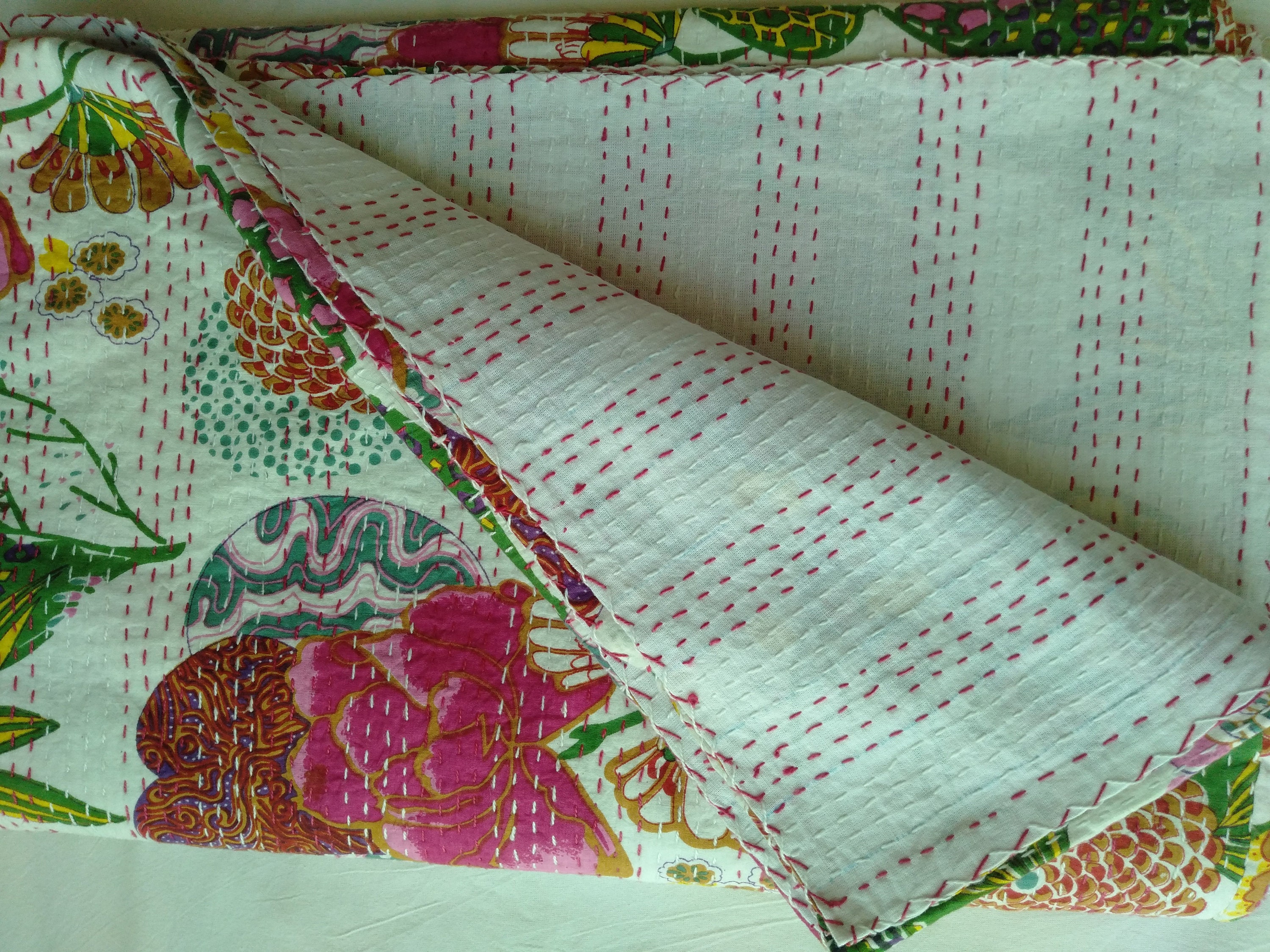White Beautiful New Handmade Fruit Print Kantha Quilt Perfect - Etsy