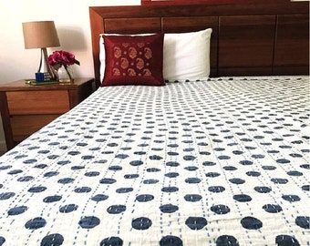 Indian Cotton Polka Dot Indian handmade  kantha quilt pure cotton blanket bedcover Kantha bedspread  size multi