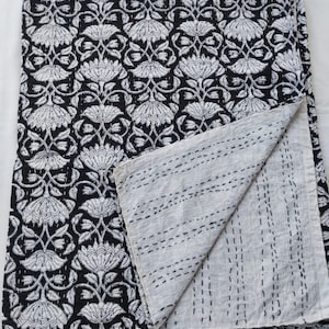 Block Print Kantha Quilt, Queen Size Quilt,Cotton Quilt, Bohemian Kantha,Handmade Kantha,Queen Quilt For Sale, Indian Cotton Kantha