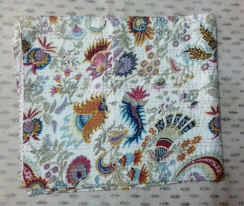 Indian bedspread Handmade floral kantha quilt gudri blanket Indian throw bedcover size multi