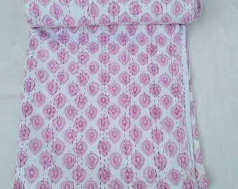 Handgemachte King Kantha Quilt, indische Block Print Baumwolle Tagesdecke