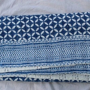 Indigo kantha quilt, Bohemian bedspread, gudri blanket, kantha Bedcover, Handmade throw, Kantha Handblock, size multi