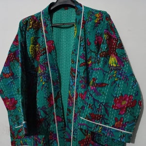 Kantha Work Indian Cotton Robe Bridesmaid Robes Japanese Robes Kimono Cardigan Beach Wear Cotton Robe Floral Kimono Winter Season Useable