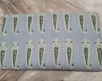 Hand Block Print Kantha Quilt, Bohemian Cotton Bedspread