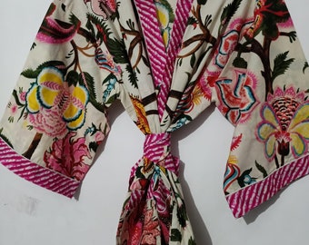 Floral Printed Silk Sari Kimono Robe, Hand Block Print, 48" Long