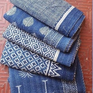 Indigo Print Kantha Quilt, Boho Floral Baumwolle Tagesdecke, Queen Size