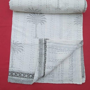 Palm trees gray color Indian handmade new beautiful kantha quilt, bedspread perfect bed matching kantha throw