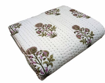 Indian Handblock kantha,  kantha throw, Block Print Quilt,Sofa Coverlet,Queen Size Quilt, Cotton Quilt, Bohemian Kantha Quilt, Queen Quilt