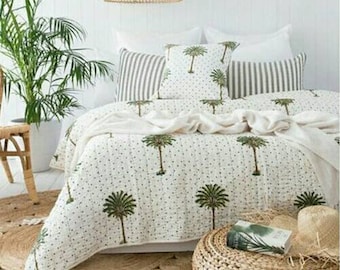 Palmträdstryckt kantha, vackert indiskt handblocksquilt, dekorativt kantha-quilt, överkast, överkast, kantha-quilt, queen size-täcke, överkast