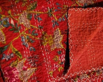 red indian kantha quilt kantha throw beautiful bedding bedcover multiple size available