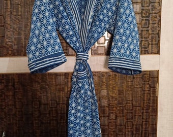 Indigo Blue Handblock Printed Beautiful Bed Time Kimono Robe Night Costume Delivery Gown Japanese Robes Cardigan Robe For Women