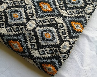 Block Print Queen Kantha Quilt, Geometric Indian Bedspread