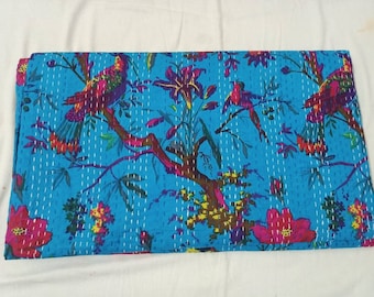 Bird Print Indiano fatto a mano Kantha trapunta copriletto coperta copriletto gettare Queen Size Quilt Boho Quilt Indian Quilt In vendita