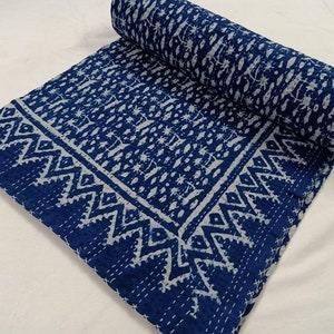 A beautiful decorative Indigo print Indian handmade Kantha quilt, bedspread bedcover,kantha quilt gudri coverlet, blanket