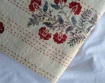 Cotton, Pink Floral Kantha, Gifts For Her, New Indian Kantha Quilt, Perfect Bed Matching Quilt, Housewarming Kantha Bedspread, Queen Quilt
