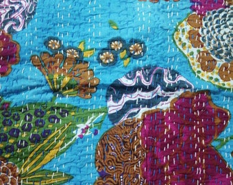 Blue Floral Kantha Cushion Cover, Handmade Cotton Pillow Sham