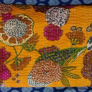 Yellow bedspread beautiful Floral print New Indian Handmade Kantha Quilt Gudri Blanket,coverlet Size multiple