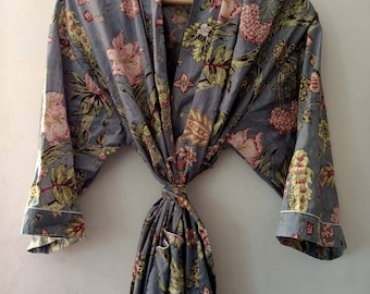 Indian Floral Japanese kimono Robe,Kimono cardigan,Nights costume,Body cover up,Indian Handblock Cotton Kimono Robe For Women,Bridesmaid Rob