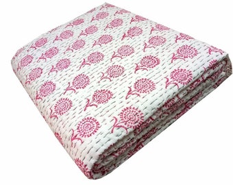 Schöne indische Kantha Quilt, Handgefertigte neue Floral Kantha Quilt, Dekorative Kantha Quilt, Queen Quilt, Baumwoll Kantha Quilt, Handblock Quilt