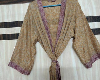 Kimono Dress Silk Sari Patchwork Kimono Cardigan Beach Wear Silk Robe Floral Kimono Robe Night Costume Delivery Gown Sweam Wear Silk Robes
