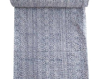 Handmade Indian Kantha Quilt, Cotton Bedspread, Queen Size