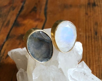 Labradorite and Rainbow Moonstone Crystal Gemstone Ring