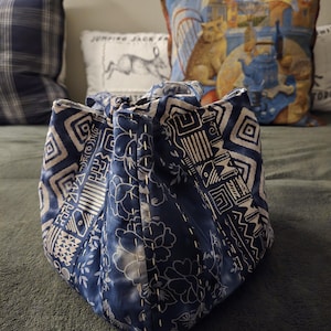 Japanese rice bag, cotton bag, drawstring bag, patchwork style bag with Sashico embroidery