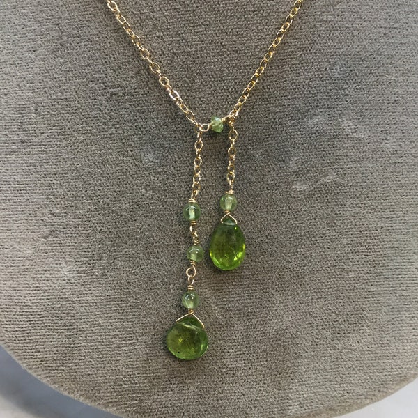 August Peridot Birthstone Necklace, Double Peridot Briolettes Drop Choker, Goldfilled Chain and Peridot Cancer & Virgo Zodiac Sign Jewelry