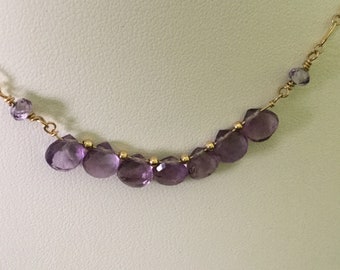 Amethyst Briolette Bar Choker, 16" February Birthstone Necklace, Mother's Day Necklace, Purple and Gold Choker