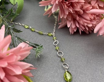 Peridot and Sterling Y Necklace, Green Semiprecious Stone and Silver Adjustable Y Necklace, Peridot Ovals, Sterling Chain and Jump Rings