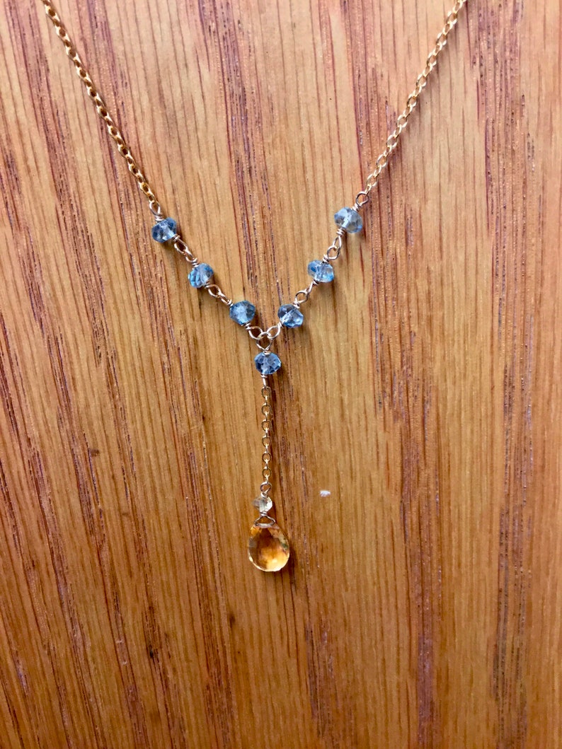 GoldFilled Scorpio and Sagittarius Y Necklace Citrine /& Blue Topaz November Birthstone Y Necklace