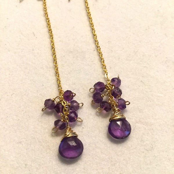 Amethyst and Gold Dangle Earrings, February Birthstone Gift, Birthstone Earrings, Amethyst Briolette Earrings, Long Chain & Purple Earrings