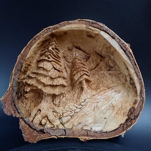 nature scene wood carving. Deep relief carving. birch wood sculpture.